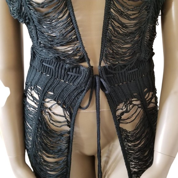 Distressed Tie Waist Short Sleeve Fringe Knit Cover Up Robe Womens XXL Black - Picture 7 of 15